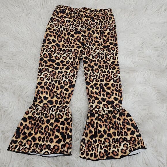 Girls Size 120 (4/5) Leopard Print Cheetah Print Bell Bottom Ruffle Tan Black - Picture 3 of 3